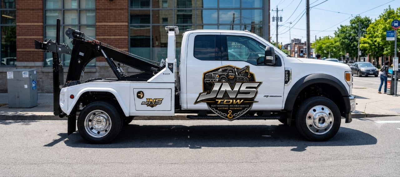 JNS Tow heavy duty wrecker tow truck with boom and chains at night